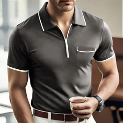 Men's Polo Shirt Zip Polo Casual Holiday Lapel Quarter Zip Short Sleeve Fashion Basic Plain Quarter Zip Summer Regular Fit Black Dark Navy Orange Green Gray Polo Shirt