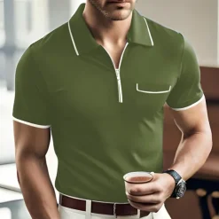 Men's Polo Shirt Zip Polo Casual Holiday Lapel Quarter Zip Short Sleeve Fashion Basic Plain Quarter Zip Summer Regular Fit Black Dark Navy Orange Green Gray Polo Shirt