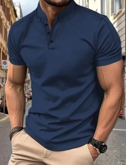 Men's Polo Shirts Collarless Golf Shirts Casual Stand Collar Short Sleeve Basic Comfortable Plain Buttons Summer Spring Regular Fit Black White Navy Blue Gray Polo Shirts