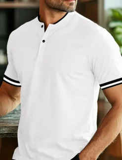 Men's Polo Shirts Collarless Golf Shirts Casual Stand Collar Short Sleeve Basic Comfortable Plain Buttons Summer Spring Regular Fit Black White Red Polo Shirts
