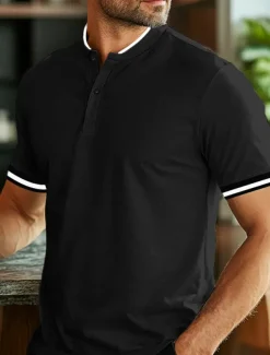 Men's Polo Shirts Collarless Golf Shirts Casual Stand Collar Short Sleeve Basic Comfortable Plain Buttons Summer Spring Regular Fit Black White Red Polo Shirts