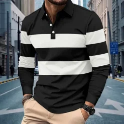 Men's Polo Shirts Golf Polos Shirts Business Casual Lapel Classic Long Sleeve Fashion Basic Color Block Stripes Buttons Fall Winter Regular Fit Deep Green Black White Gray Polo Shirts
