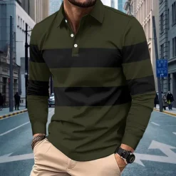Men's Polo Shirts Golf Polos Shirts Business Casual Lapel Classic Long Sleeve Fashion Basic Color Block Stripes Buttons Fall Winter Regular Fit Deep Green Black White Gray Polo Shirts