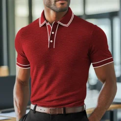 Men's Polo Shirts Golf Shirt Work Business Ribbed Polo Collar Classic Short Sleeve Basic Modern Solid Color Patchwork Buttons Spring & Summer Regular Fit Light Blue Black Burgundy Navy Blue Royal