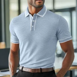 Men's Polo Shirts Golf Shirt Work Business Ribbed Polo Collar Classic Short Sleeve Basic Modern Solid Color Patchwork Buttons Spring & Summer Regular Fit Light Blue Black Burgundy Navy Blue Royal