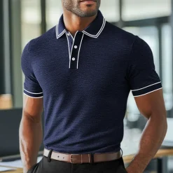 Men's Polo Shirts Golf Shirt Work Business Ribbed Polo Collar Classic Short Sleeve Basic Modern Solid Color Patchwork Buttons Spring & Summer Regular Fit Light Blue Black Burgundy Navy Blue Royal