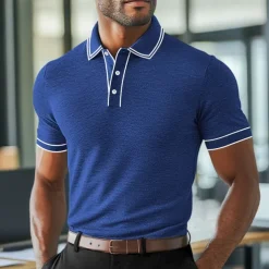 Men's Polo Shirts Golf Shirt Work Business Ribbed Polo Collar Classic Short Sleeve Basic Modern Solid Color Patchwork Buttons Spring & Summer Regular Fit Light Blue Black Burgundy Navy Blue Royal