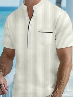 Men's Polo Shirts Golf Shirt Outdoor Daily Wear Banded Collar Short Sleeve Fashion Hawaiian Stripe Pocket Summer Regular Fit Black Blue Sky Blue Green Apricot Polo Shirts