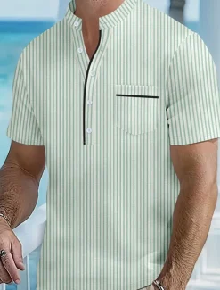 Men's Polo Shirts Golf Shirt Outdoor Daily Wear Banded Collar Short Sleeve Fashion Hawaiian Stripe Pocket Summer Regular Fit Black Blue Sky Blue Green Apricot Polo Shirts