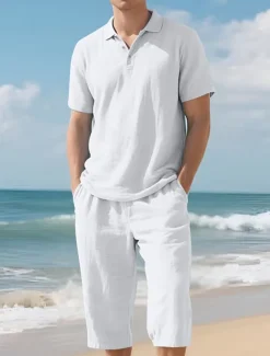 Men's Polo Shirts Golf Shirt Outdoor Daily Wear Lapel Short Sleeve Fashion Hawaiian Plain 2 Piece Summer Regular Fit Black White Navy Blue Khaki Army Green Light Sky Blue Polo Shirts