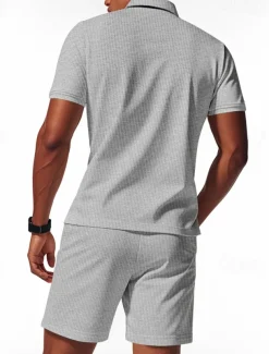 Men's Polo Shirts Quarter Zip Polo Outdoor Daily Wear Lapel Short Sleeve Fashion Hawaiian Plain 2 Piece Summer Regular Fit Black White Navy Blue Royal Blue Green Khaki Polo Shirts