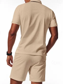 Men's Polo Shirts Quarter Zip Polo Outdoor Daily Wear Lapel Short Sleeve Fashion Hawaiian Plain 2 Piece Summer Regular Fit Black White Navy Blue Royal Blue Green Khaki Polo Shirts