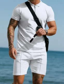 Men's Polo Shirts Quarter Zip Polo Outdoor Daily Wear Lapel Short Sleeve Fashion Hawaiian Plain 2 Piece Summer Regular Fit Black White Navy Blue Royal Blue Green Khaki Polo Shirts