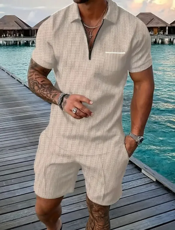 Men's Polo Shirts Zip Polo Outdoor Daily Wear Lapel Short Sleeve Fashion Hawaiian Plain Pocket 2 Piece Summer Regular Fit Black Brown Apricot Gray Polo Shirts