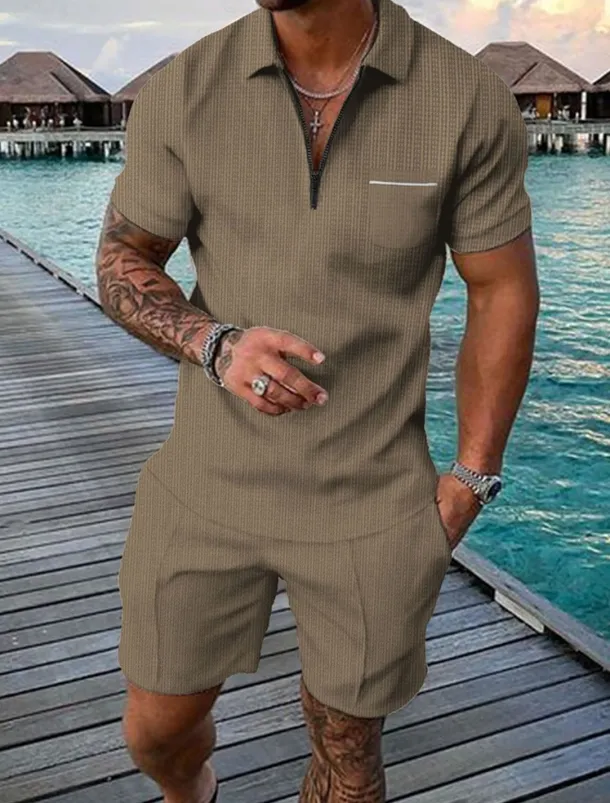 Men's Polo Shirts Zip Polo Outdoor Daily Wear Lapel Short Sleeve Fashion Hawaiian Plain Pocket 2 Piece Summer Regular Fit Black Brown Apricot Gray Polo Shirts