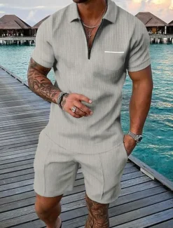 Men's Polo Shirts Zip Polo Outdoor Daily Wear Lapel Short Sleeve Fashion Hawaiian Plain Pocket 2 Piece Summer Regular Fit Black Brown Apricot Gray Polo Shirts