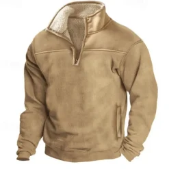 Men's Polo Sweatshirt Polar Fleece Quarter Zip Sweatshirt Khaki Half Zip Plain Pocket Sports & Outdoor Daily Holiday Polyester Streetwear Basic Casual Winter Autumn / Fall Clothing Apparel Hoodies