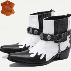 Men's Premium Cowhide Black and White Motorcycle Boots with Studded Strap, Chain Detail, and Western Style – Perfect for Riding and Casual Wear