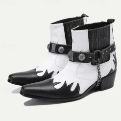 Men's Premium Cowhide Black and White Motorcycle Boots with Studded Strap, Chain Detail, and Western Style – Perfect for Riding and Casual Wear