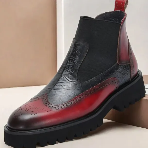 Men's Premium Cowhide Chelsea Boots – Red and Black Leather Brogue Detail with Textured Pattern, Rugged Sole, Stylish Casual & Formal Footwear