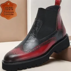 Men's Premium Cowhide Chelsea Boots – Red and Black Leather Brogue Detail with Textured Pattern, Rugged Sole, Stylish Casual & Formal Footwear