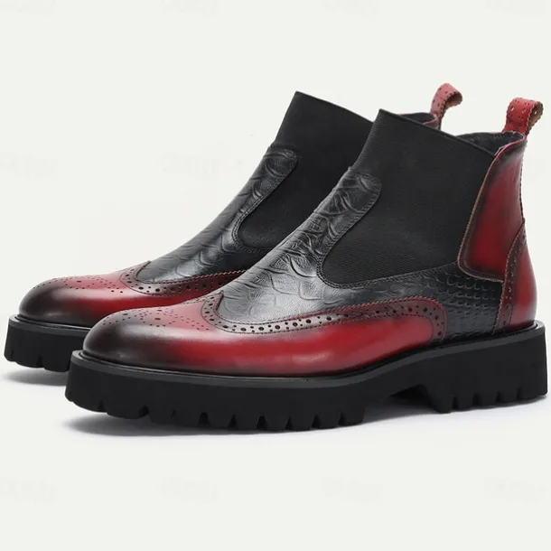 Men's Premium Cowhide Chelsea Boots – Red and Black Leather Brogue Detail with Textured Pattern, Rugged Sole, Stylish Casual & Formal Footwear