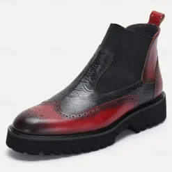 Men's Premium Cowhide Chelsea Boots – Red and Black Leather Brogue Detail with Textured Pattern, Rugged Sole, Stylish Casual & Formal Footwear