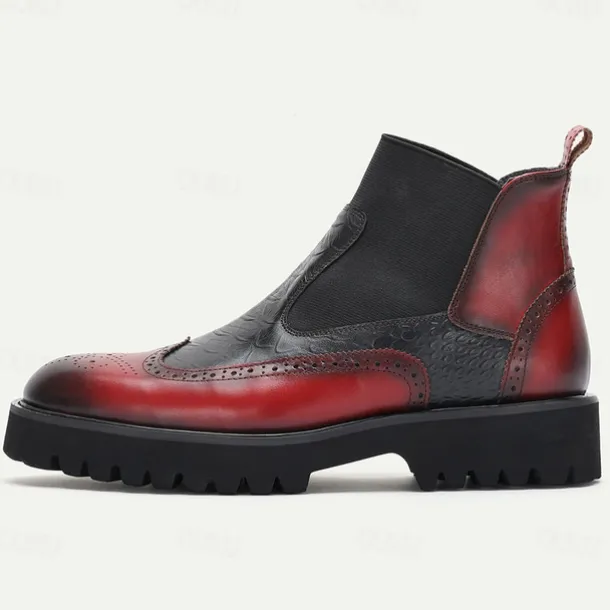 Men's Premium Cowhide Chelsea Boots – Red and Black Leather Brogue Detail with Textured Pattern, Rugged Sole, Stylish Casual & Formal Footwear