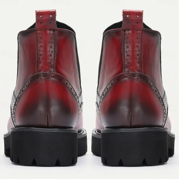 Men's Premium Cowhide Chelsea Boots – Red and Black Leather Brogue Detail with Textured Pattern, Rugged Sole, Stylish Casual & Formal Footwear