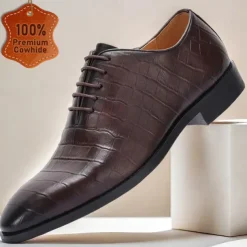 Men's Premium Cowhide Crocodile Print Oxford Shoes, Stylish Lace-Up Formal Footwear for Business and Special Occasions