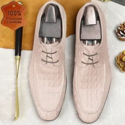 Men's Premium Cowhide Lace-Up Crocodile Pattern Loafers - Elegant Formal Shoes for Office and Special Occasions
