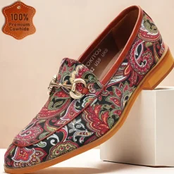 Men's Premium Cowhide Leather Paisley Pattern Loafers - Stylish Slip-On Dress Shoes for Formal and Casual Occasions