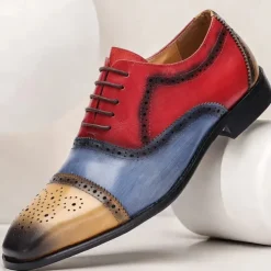 Men's Premium Cowhide Leather Oxford Shoes – Multicolor Brogue Lace-Up Dress Shoes with Wingtip Design