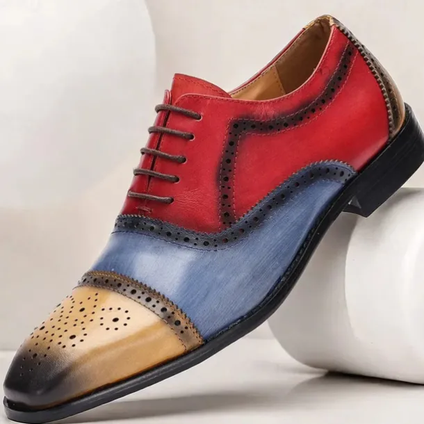 Men's Premium Cowhide Leather Oxford Shoes – Multicolor Brogue Lace-Up Dress Shoes with Wingtip Design