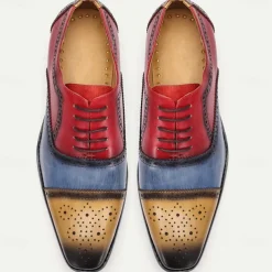 Men's Premium Cowhide Leather Oxford Shoes – Multicolor Brogue Lace-Up Dress Shoes with Wingtip Design