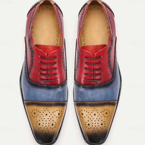 Men's Premium Cowhide Leather Oxford Shoes – Multicolor Brogue Lace-Up Dress Shoes with Wingtip Design