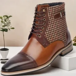Men's Premium Cowhide Leather Ankle Boots – Vintage Houndstooth Pattern with Buckle Detail, Stylish Dress Boots for Formal and Casual Wear