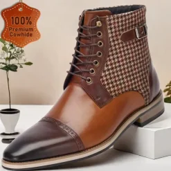 Men's Premium Cowhide Leather Ankle Boots – Vintage Houndstooth Pattern with Buckle Detail, Stylish Dress Boots for Formal and Casual Wear