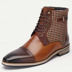 Men's Premium Cowhide Leather Ankle Boots – Vintage Houndstooth Pattern with Buckle Detail, Stylish Dress Boots for Formal and Casual Wear