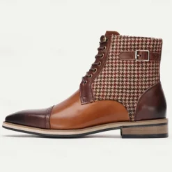 Men's Premium Cowhide Leather Ankle Boots – Vintage Houndstooth Pattern with Buckle Detail, Stylish Dress Boots for Formal and Casual Wear