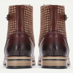 Men's Premium Cowhide Leather Ankle Boots – Vintage Houndstooth Pattern with Buckle Detail, Stylish Dress Boots for Formal and Casual Wear