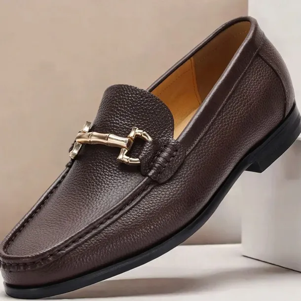 Men's Premium Cowhide Leather Loafers – Classic Slip-On Dress Shoes with Metal Bit Decor for Formal and Casual Wear