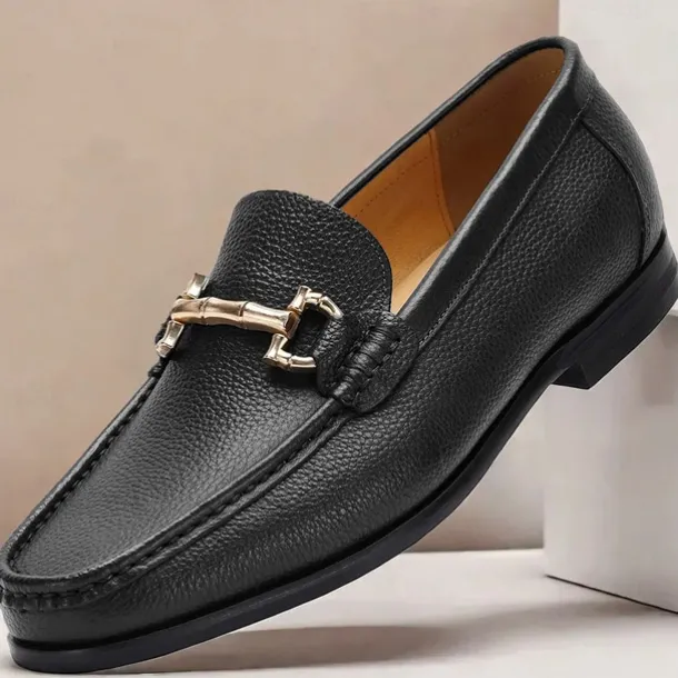 Men's Premium Cowhide Leather Loafers – Classic Slip-On Dress Shoes with Metal Bit Decor for Formal and Casual Wear
