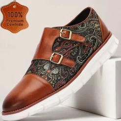 Men's Premium Cowhide Leather Casual Shoes – Trendy Brown Casual Sneakers with Soft Textile Accents, Perfect for Everyday Wear, Work and Casual Social Events