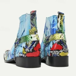 Men's Premium Cowhide Leather Ankle Boots – Colorful Snake Print and Metallic Toe Western Style Motorcycle Boots