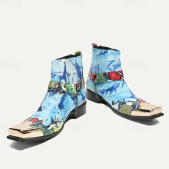Men's Premium Cowhide Leather Ankle Boots – Colorful Snake Print and Metallic Toe Western Style Motorcycle Boots
