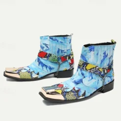 Men's Premium Cowhide Leather Ankle Boots – Colorful Snake Print and Metallic Toe Western Style Motorcycle Boots
