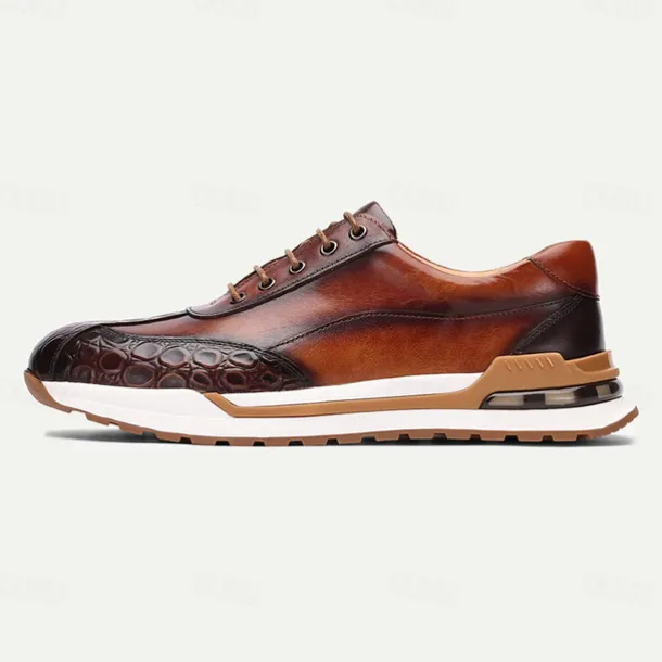 Men's Premium Cowhide Leather Sneakers with Crocodile Texture and Lace-Up Design – Casual Athletic Shoes for Everyday Wear