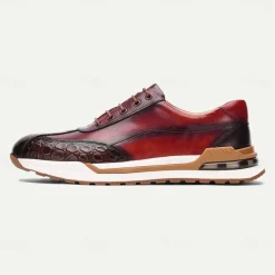Men's Premium Cowhide Leather Sneakers with Crocodile Texture and Lace-Up Design – Casual Athletic Shoes for Everyday Wear