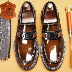 Men's Premium Cowhide Leather Loafers with Glossy Finish, Chain Detail - Formal Dress Shoes for Business, Weddings & Special Occasions
